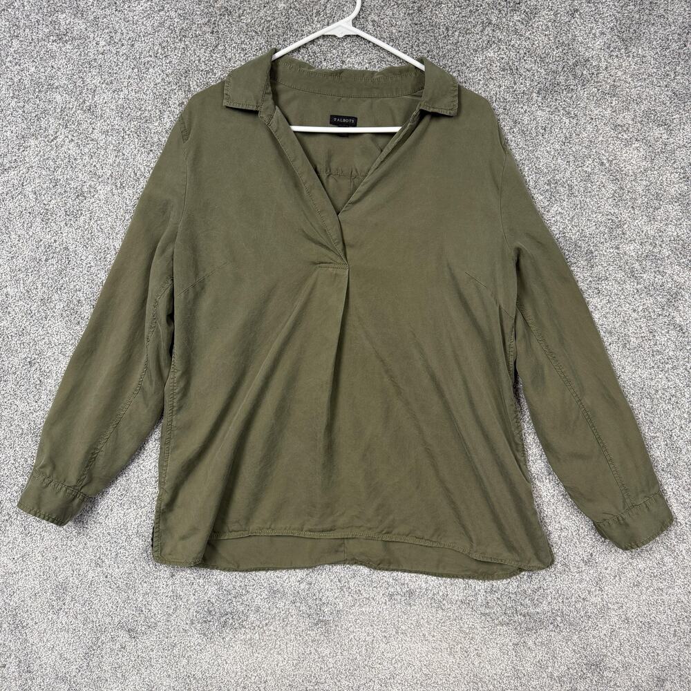 Talbots Blouse Large Green Collared Roll Tab Sleeve Coastal Earthy Minimalist